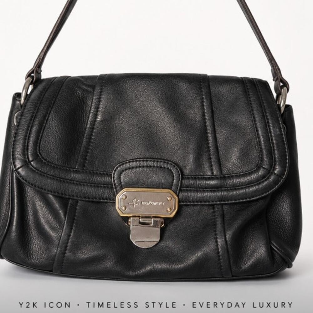 Y2K B. Makowsky Leather Shoulder Bag Black Purple Satin Int Mixed Metal Purse